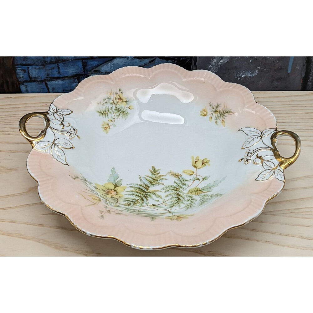 Antique Serving Bowl  Victorian  CARL TIELSCH Germany FLORAL Pink PORCELAIN 12"